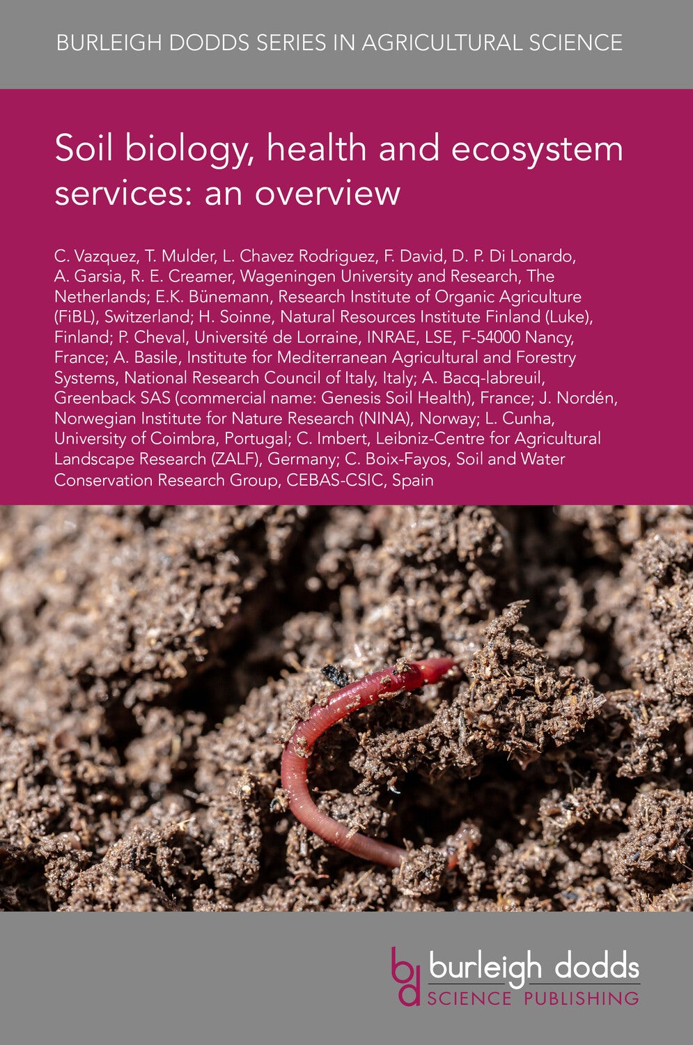 Book cover of 'Soil biology, health and ecosystem services: an overview' with a red wiggler worm on soil.